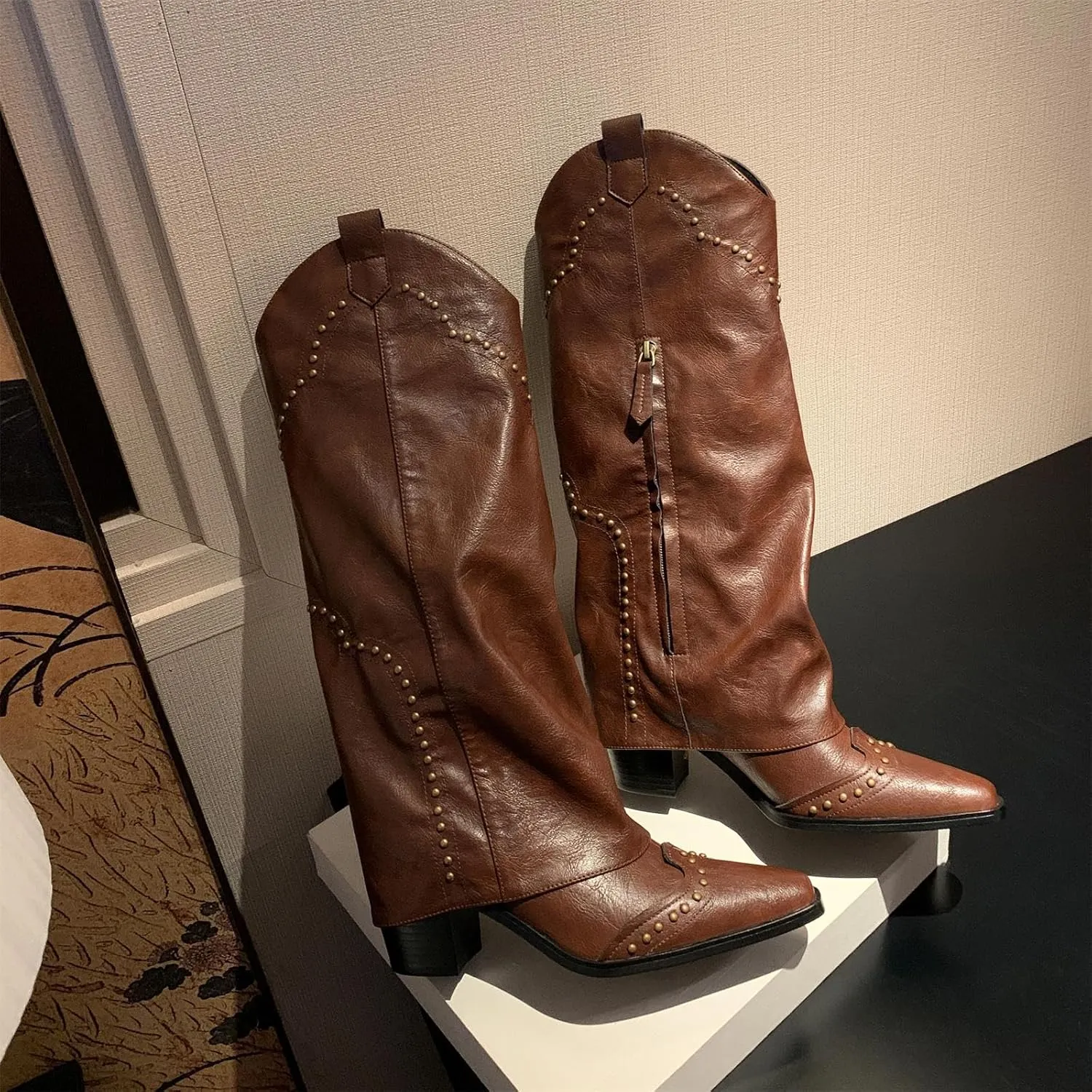 keleimusi Womens Western Fold Over Knee High Boots Square Toe Studs Chunky Block Heeled Boot