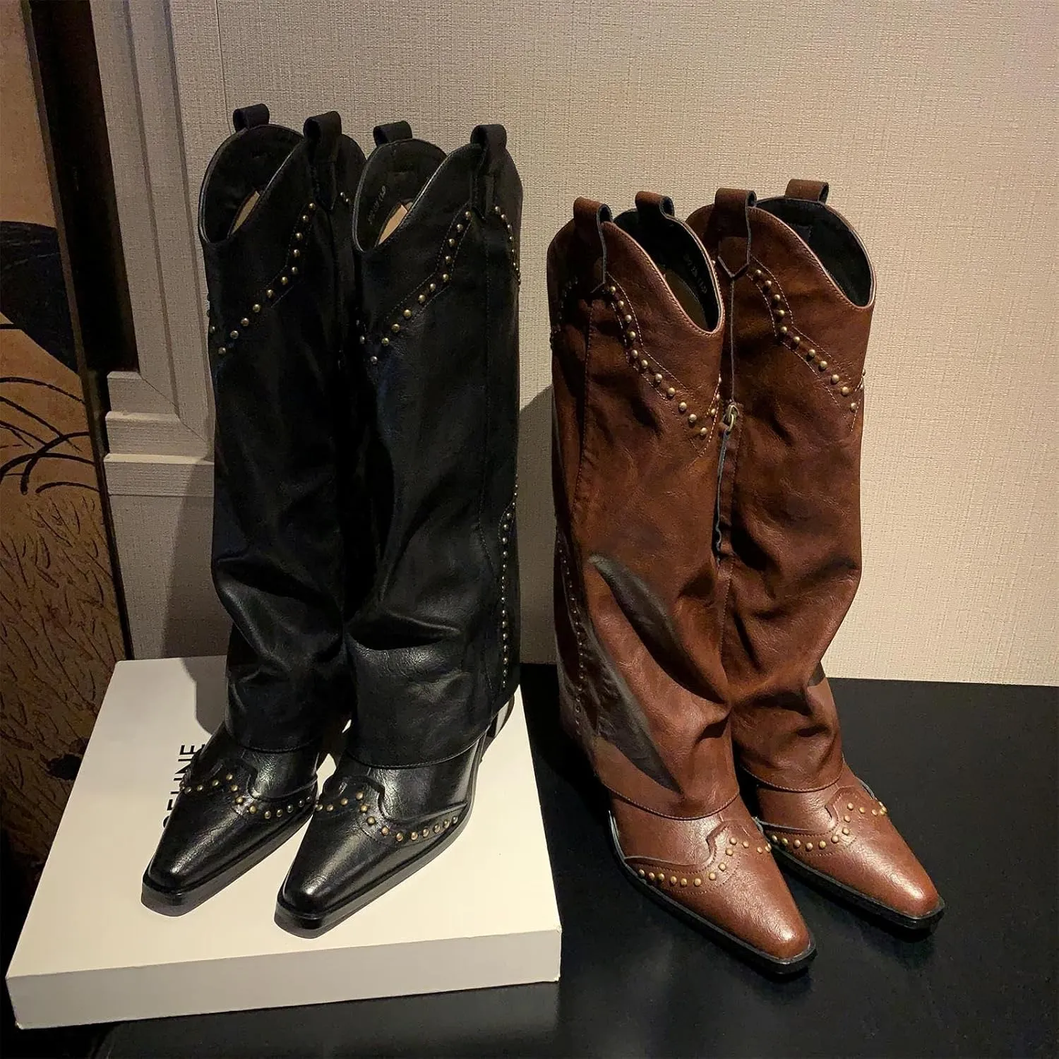 keleimusi Womens Western Fold Over Knee High Boots Square Toe Studs Chunky Block Heeled Boot