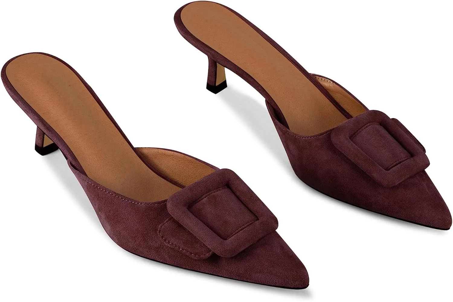 Kitten Heel Mules Sandals for Women Pointed Toe Square Buckle Backless Slip on Suede Stiletto Dress Heeled Sandals Wedding Party Shoes