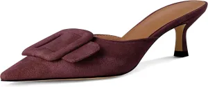 Kitten Heel Mules Sandals for Women Pointed Toe Square Buckle Backless Slip on Suede Stiletto Dress Heeled Sandals Wedding Party Shoes