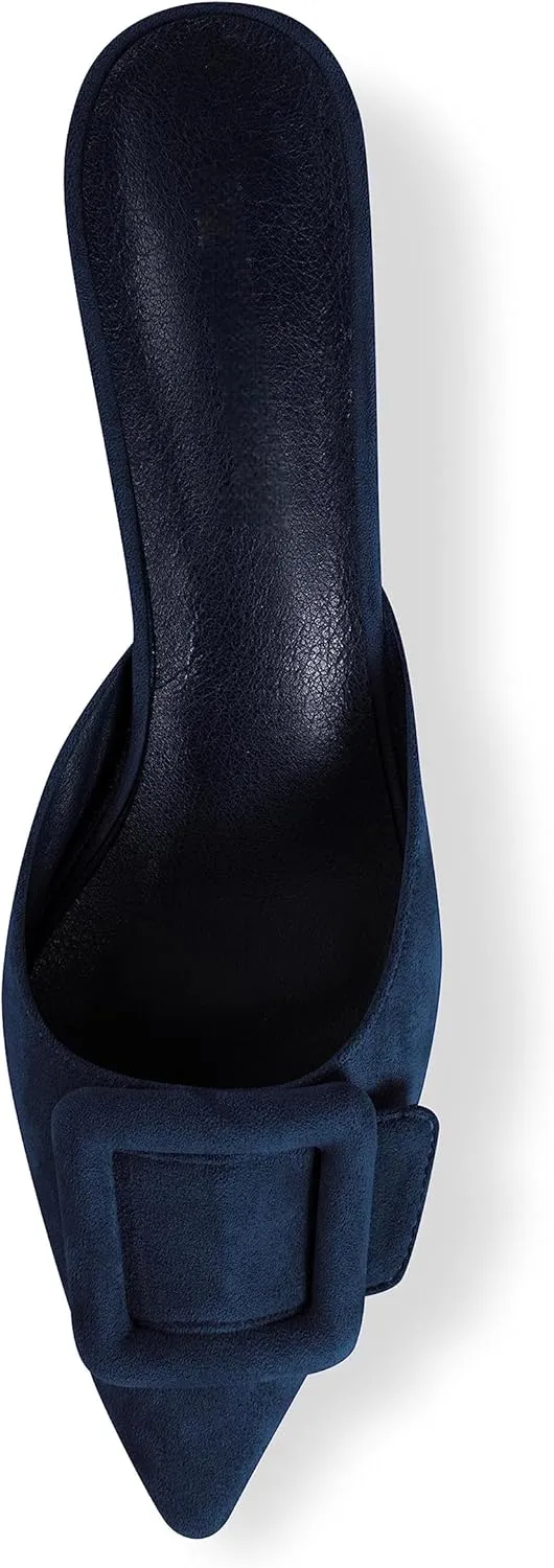 Kitten Heel Mules Sandals for Women Pointed Toe Square Buckle Backless Slip on Suede Stiletto Dress Heeled Sandals Wedding Party Shoes