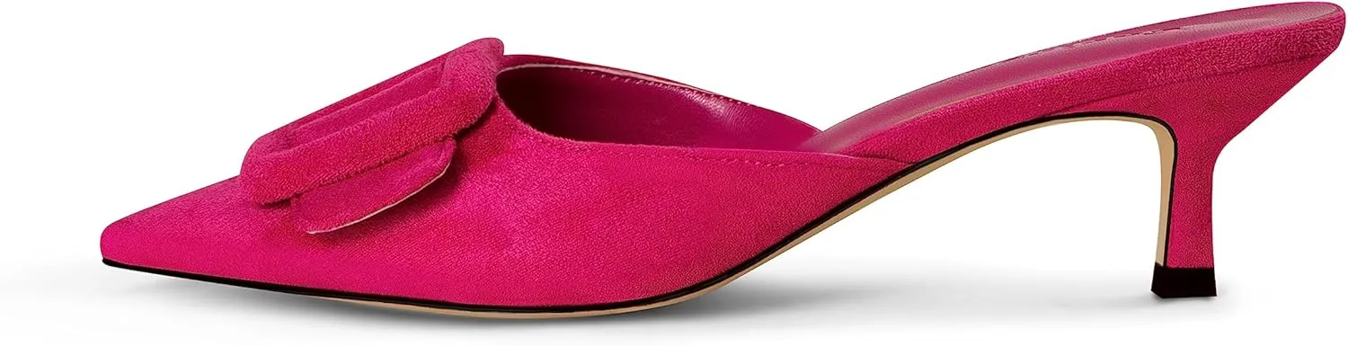 Kitten Heel Mules Sandals for Women Pointed Toe Square Buckle Backless Slip on Suede Stiletto Dress Heeled Sandals Wedding Party Shoes
