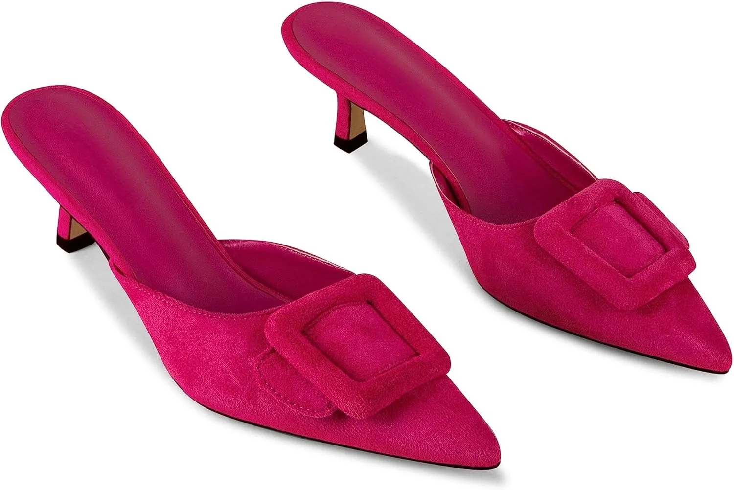 Kitten Heel Mules Sandals for Women Pointed Toe Square Buckle Backless Slip on Suede Stiletto Dress Heeled Sandals Wedding Party Shoes