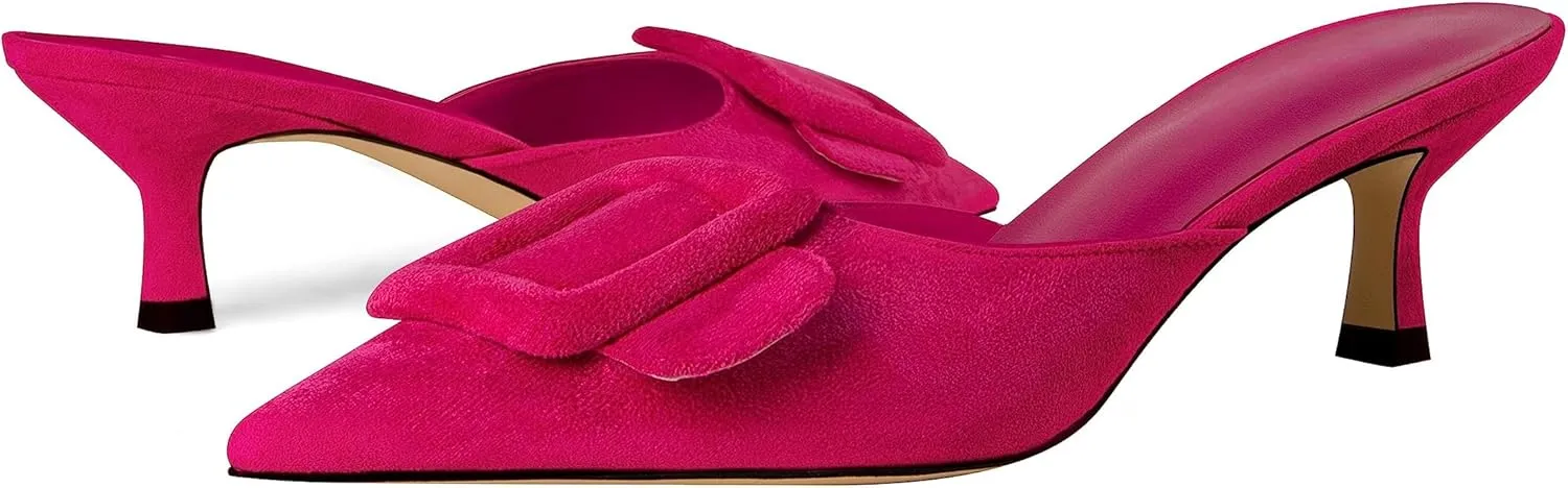 Kitten Heel Mules Sandals for Women Pointed Toe Square Buckle Backless Slip on Suede Stiletto Dress Heeled Sandals Wedding Party Shoes