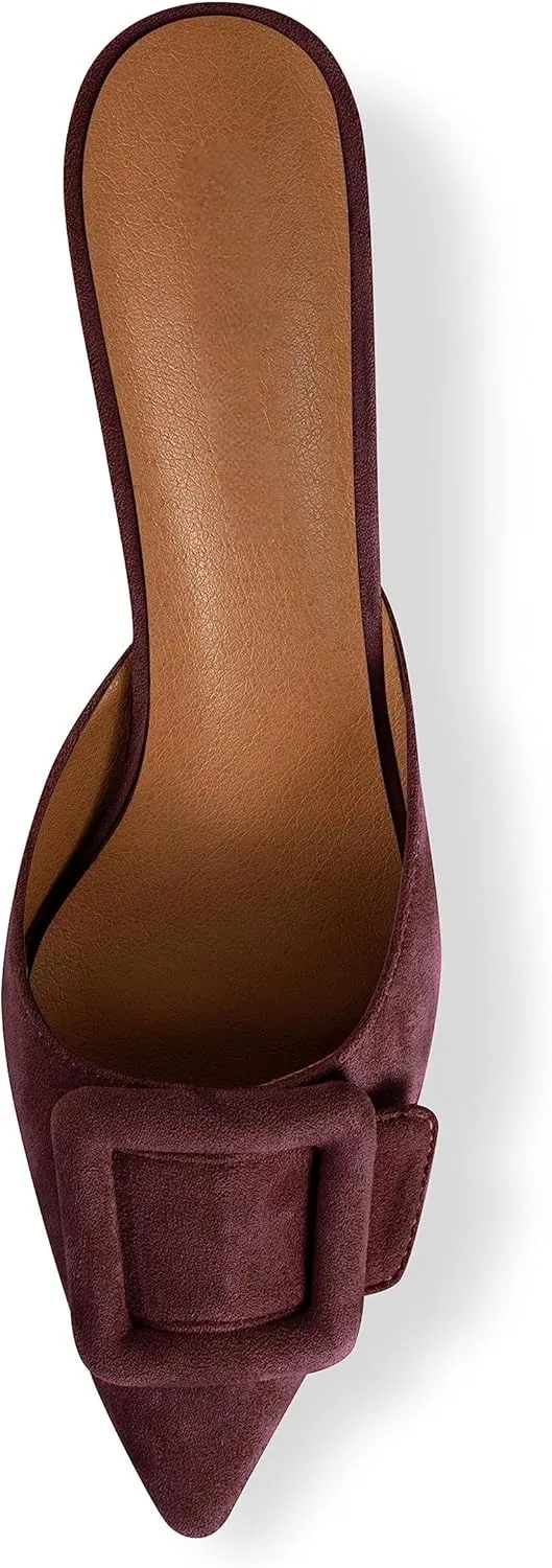 Kitten Heel Mules Sandals for Women Pointed Toe Square Buckle Backless Slip on Suede Stiletto Dress Heeled Sandals Wedding Party Shoes