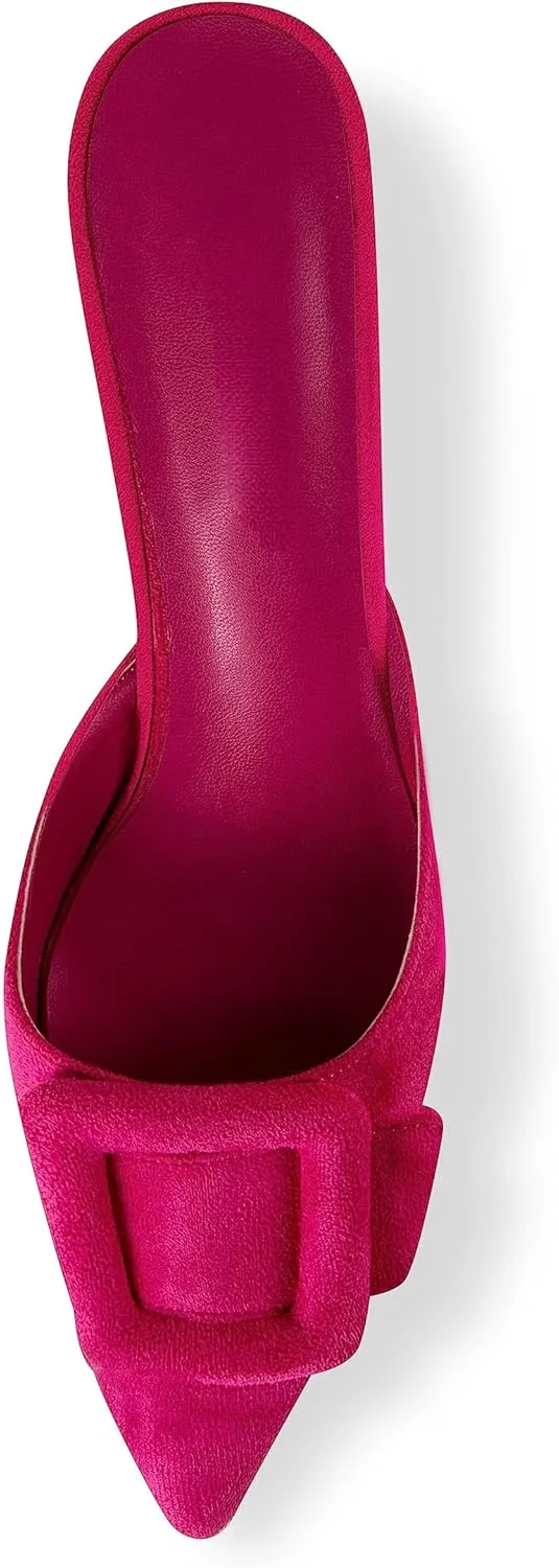 Kitten Heel Mules Sandals for Women Pointed Toe Square Buckle Backless Slip on Suede Stiletto Dress Heeled Sandals Wedding Party Shoes