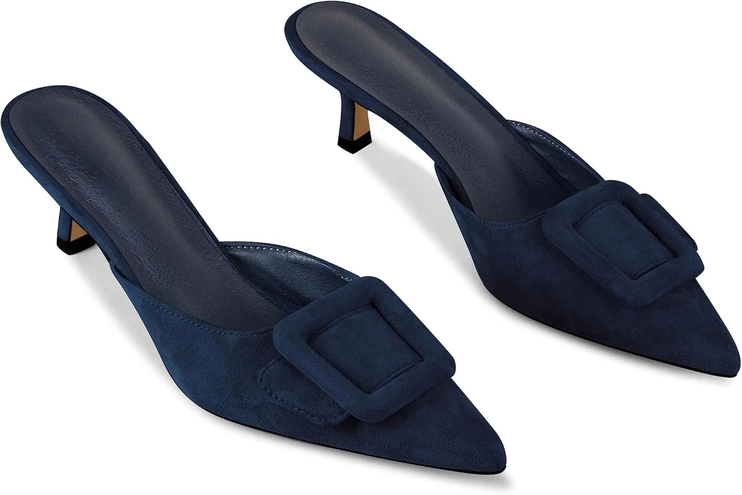 Kitten Heel Mules Sandals for Women Pointed Toe Square Buckle Backless Slip on Suede Stiletto Dress Heeled Sandals Wedding Party Shoes