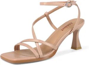 Kitten Heels for Women - Square Open Toe Strappy Heeled Sandals with Ankle Strap - Wedding Dress Heels