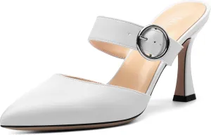 Kitten Heels Mules for Women - Pointed Toe Single-Strap with Round Buckle Slip-on Sandals Womens Party Wedding Pumps Stiletto