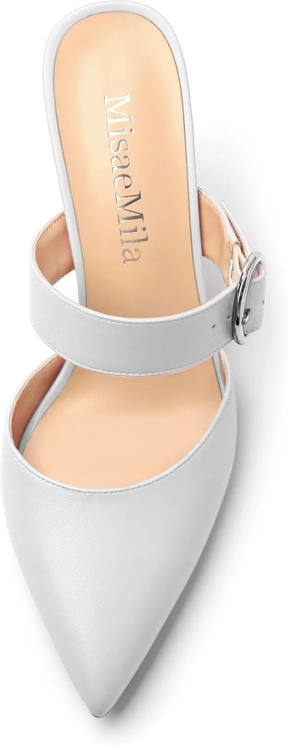 Kitten Heels Mules for Women - Pointed Toe Single-Strap with Round Buckle Slip-on Sandals Womens Party Wedding Pumps Stiletto