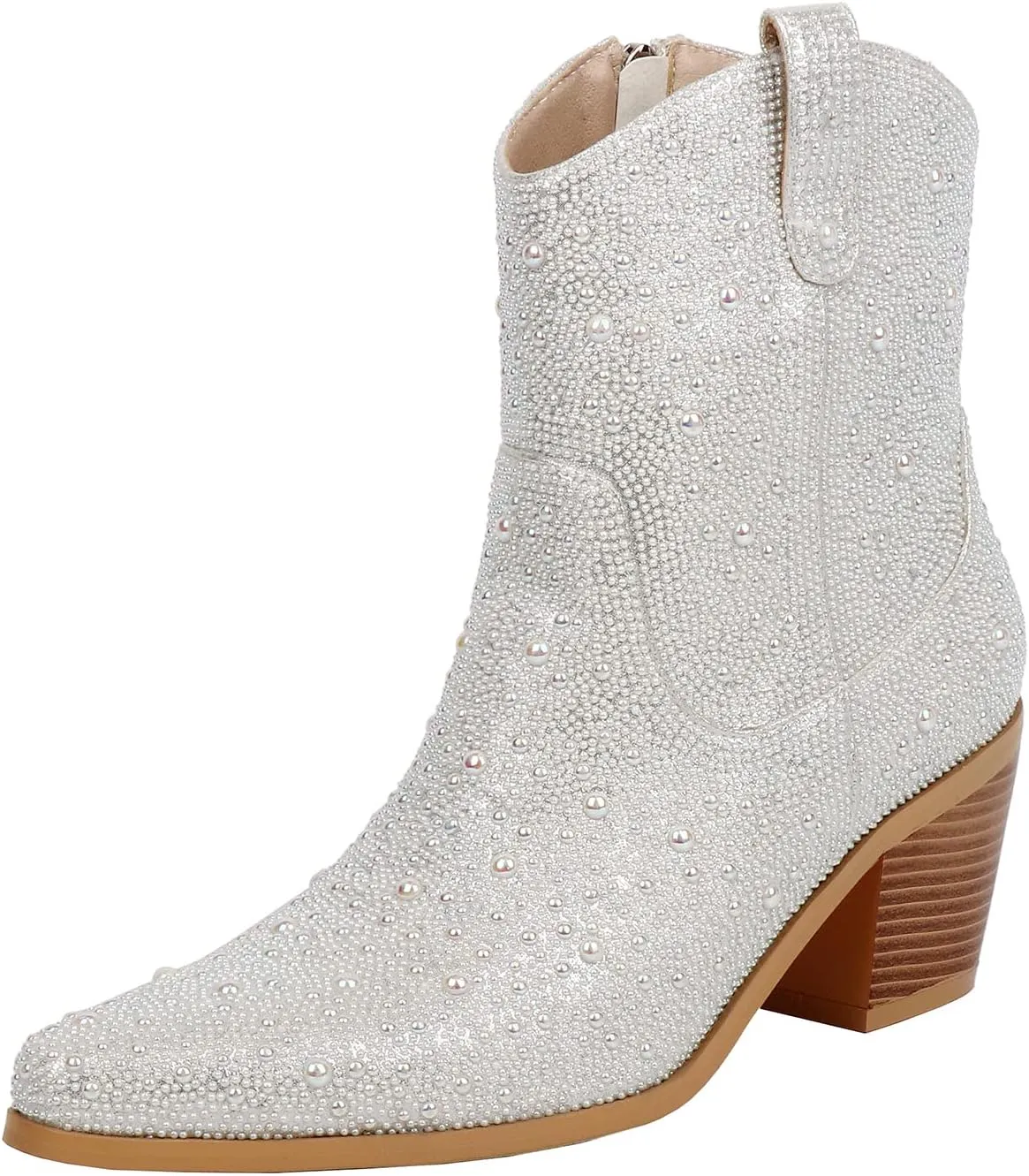 KiutSymo Women's Sparkly Ankle Boots Rhinestone Glitter Booties Pointed Toe Chunky Low Heel Cowboy Boots