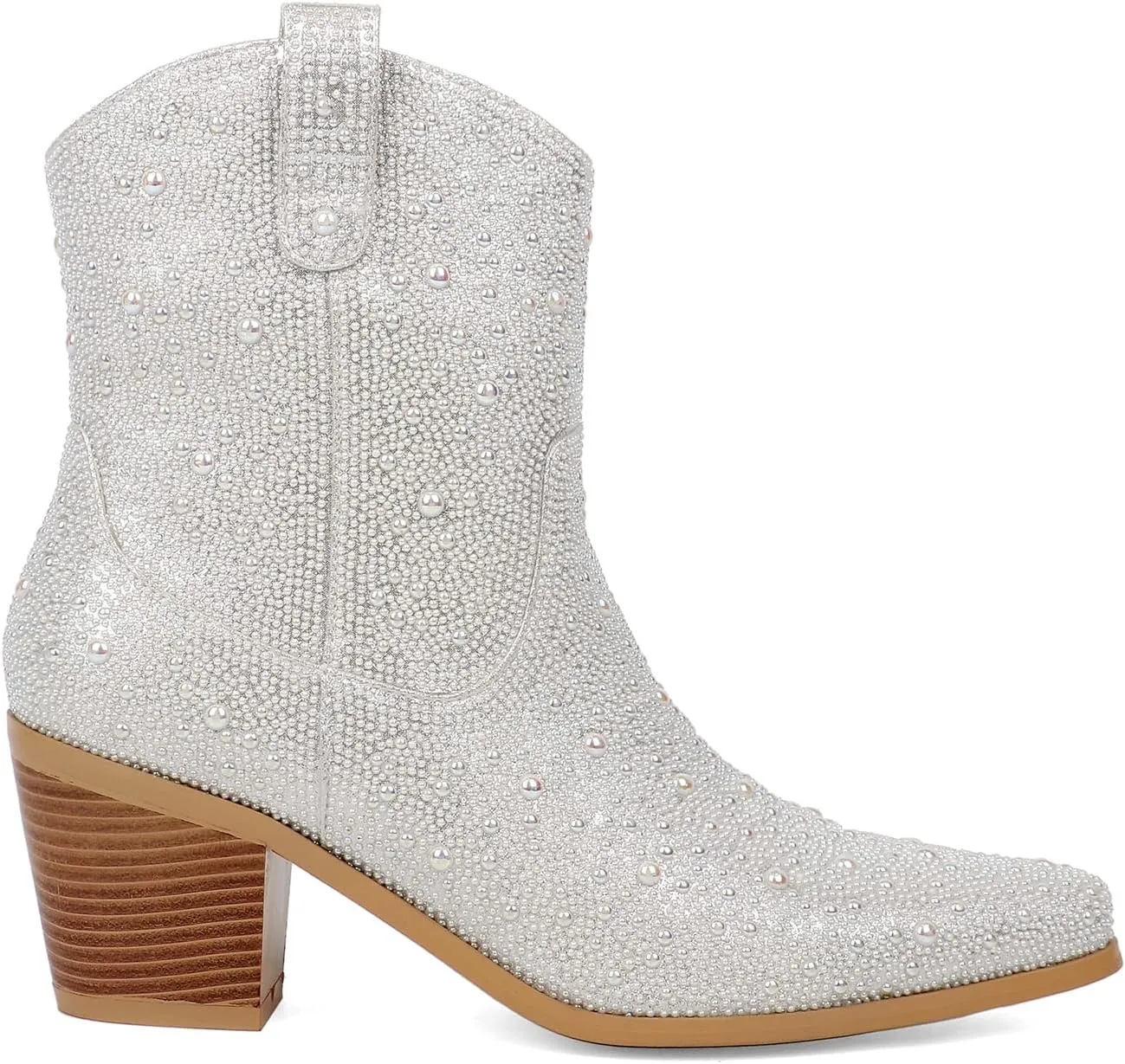 KiutSymo Women's Sparkly Ankle Boots Rhinestone Glitter Booties Pointed Toe Chunky Low Heel Cowboy Boots