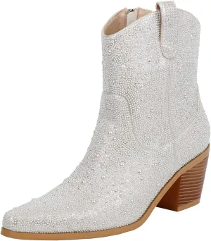 KiutSymo Women's Sparkly Ankle Boots Rhinestone Glitter Booties Pointed Toe Chunky Low Heel Cowboy Boots