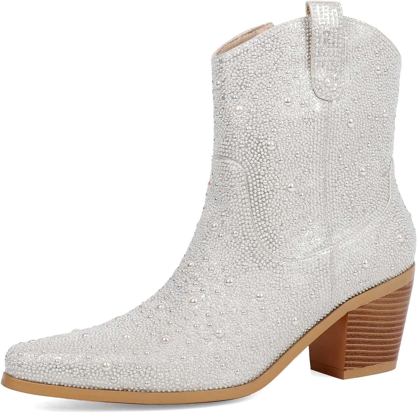 KiutSymo Women's Sparkly Ankle Boots Rhinestone Glitter Booties Pointed Toe Chunky Low Heel Cowboy Boots