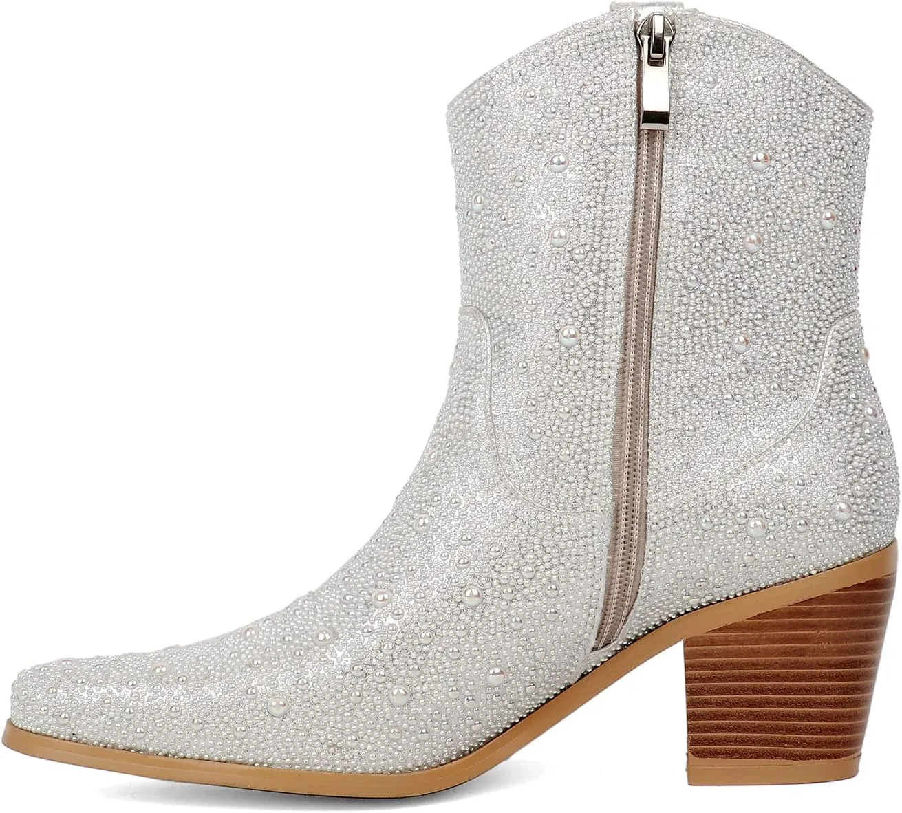 KiutSymo Women's Sparkly Ankle Boots Rhinestone Glitter Booties Pointed Toe Chunky Low Heel Cowboy Boots