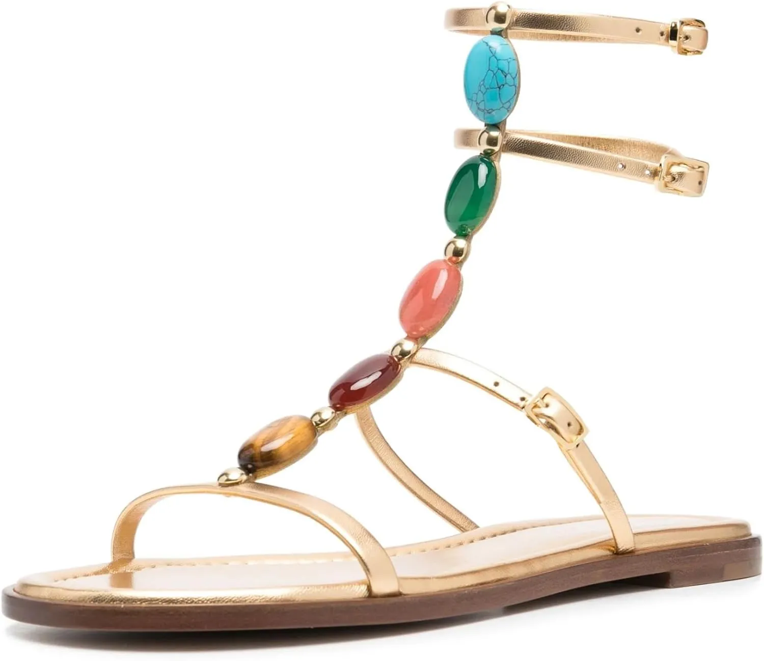 Kluolandi Jewelled Flat Gladiator Sandals for Women Gold T-strap Sandals Open Toe Summer Strappy Sandals