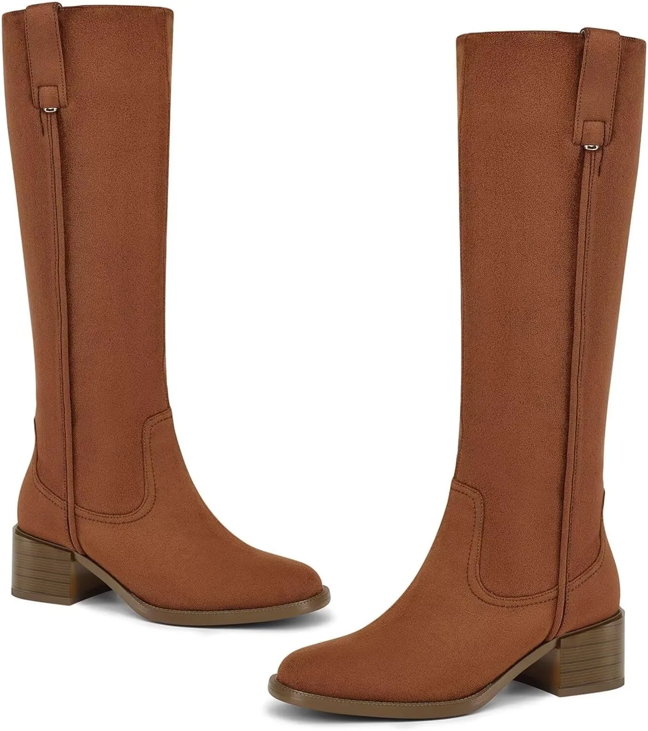 Knee High Boots For Women Chunky Heel Round Toe Leather Patent Boots Low Block Heel Tall Boots With Side Zipper
