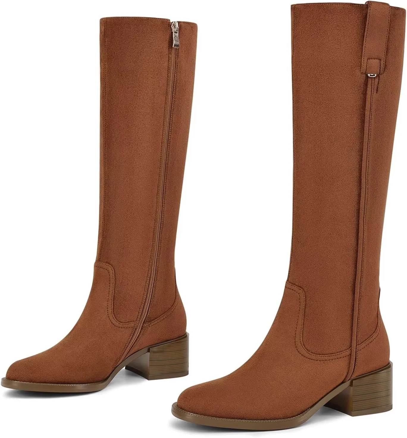 Knee High Boots For Women Chunky Heel Round Toe Leather Patent Boots Low Block Heel Tall Boots With Side Zipper