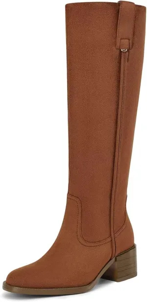 Knee High Boots For Women Chunky Heel Round Toe Leather Patent Boots Low Block Heel Tall Boots With Side Zipper