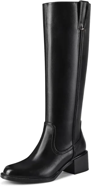 Knee High Boots For Women Chunky Heel Round Toe Leather Patent Boots Low Block Heel Tall Boots With Side Zipper