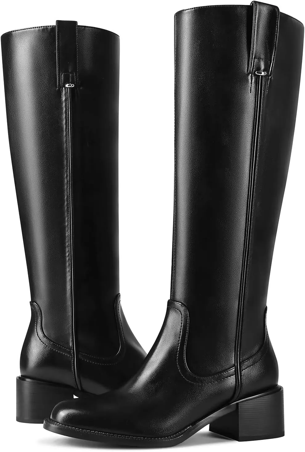Knee High Boots For Women Chunky Heel Round Toe Leather Patent Boots Low Block Heel Tall Boots With Side Zipper