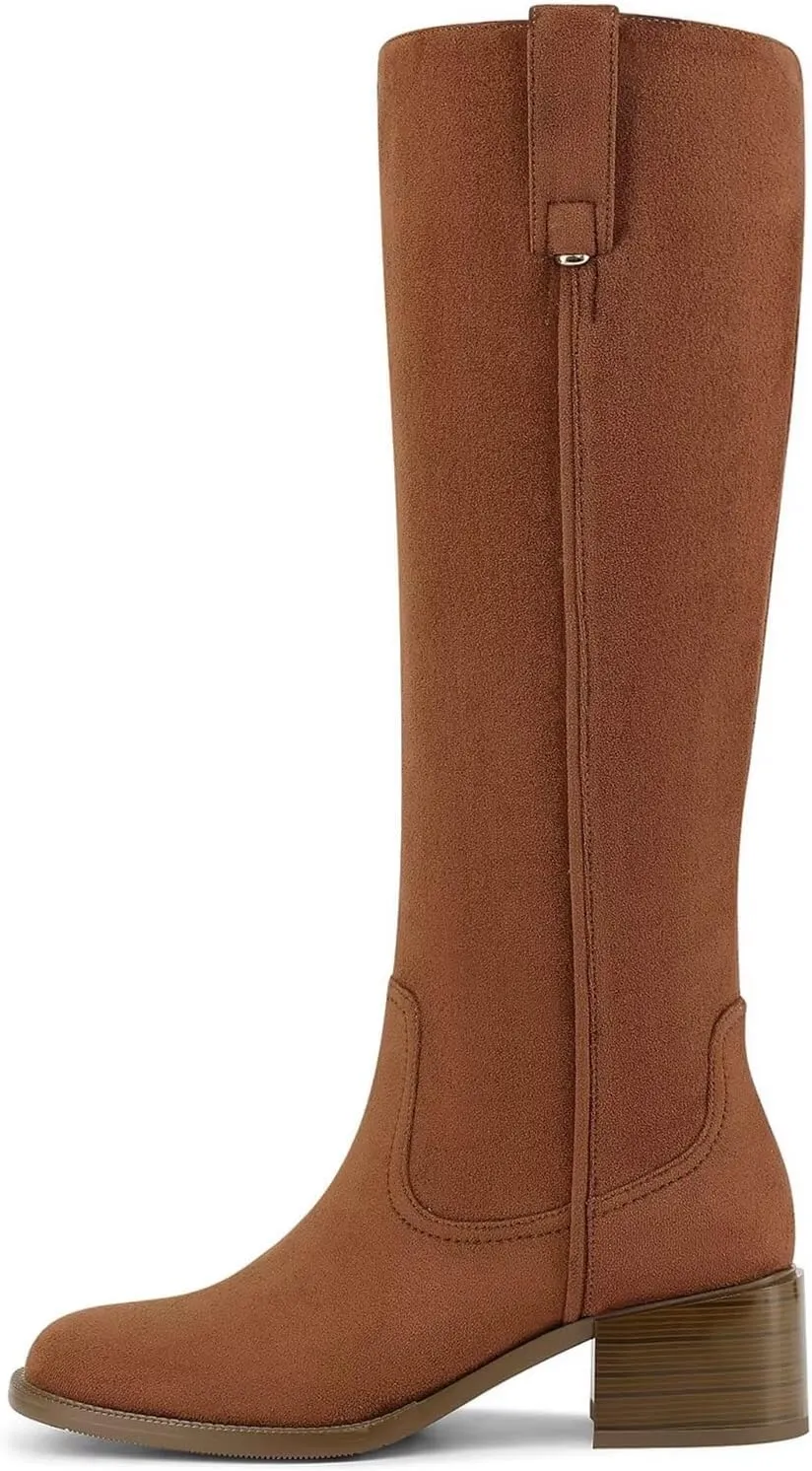 Knee High Boots For Women Chunky Heel Round Toe Leather Patent Boots Low Block Heel Tall Boots With Side Zipper