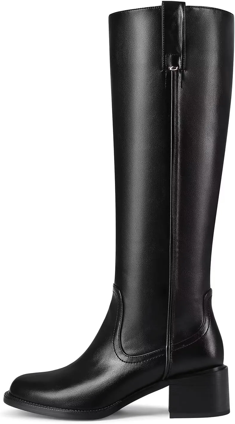 Knee High Boots For Women Chunky Heel Round Toe Leather Patent Boots Low Block Heel Tall Boots With Side Zipper