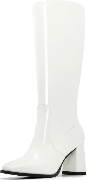 Knee-High Boots for Women - Wide Calf Boots with Zipper, Square Toe Tall Leather Boots, Chunky Heel Fashion Long Boots