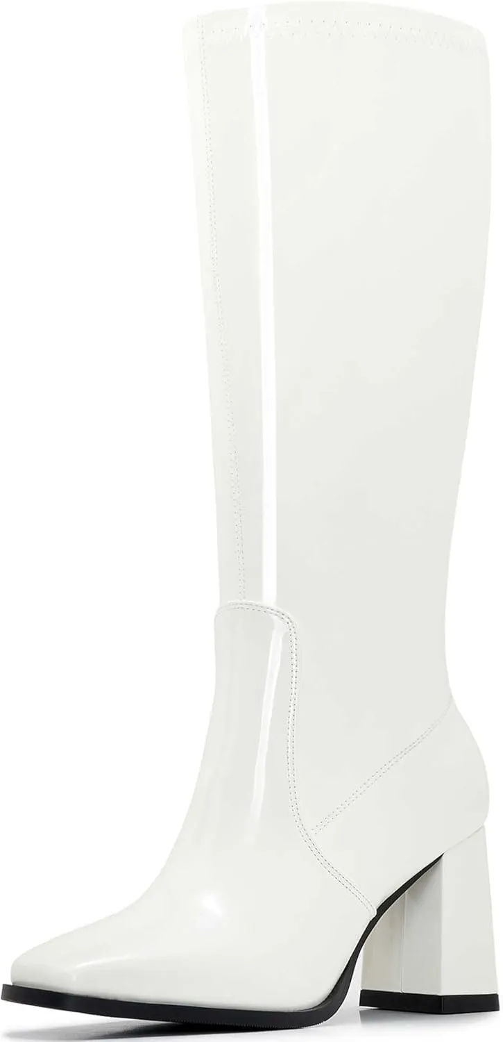 Knee-High Boots for Women - Wide Calf Boots with Zipper, Square Toe Tall Leather Boots, Chunky Heel Fashion Long Boots