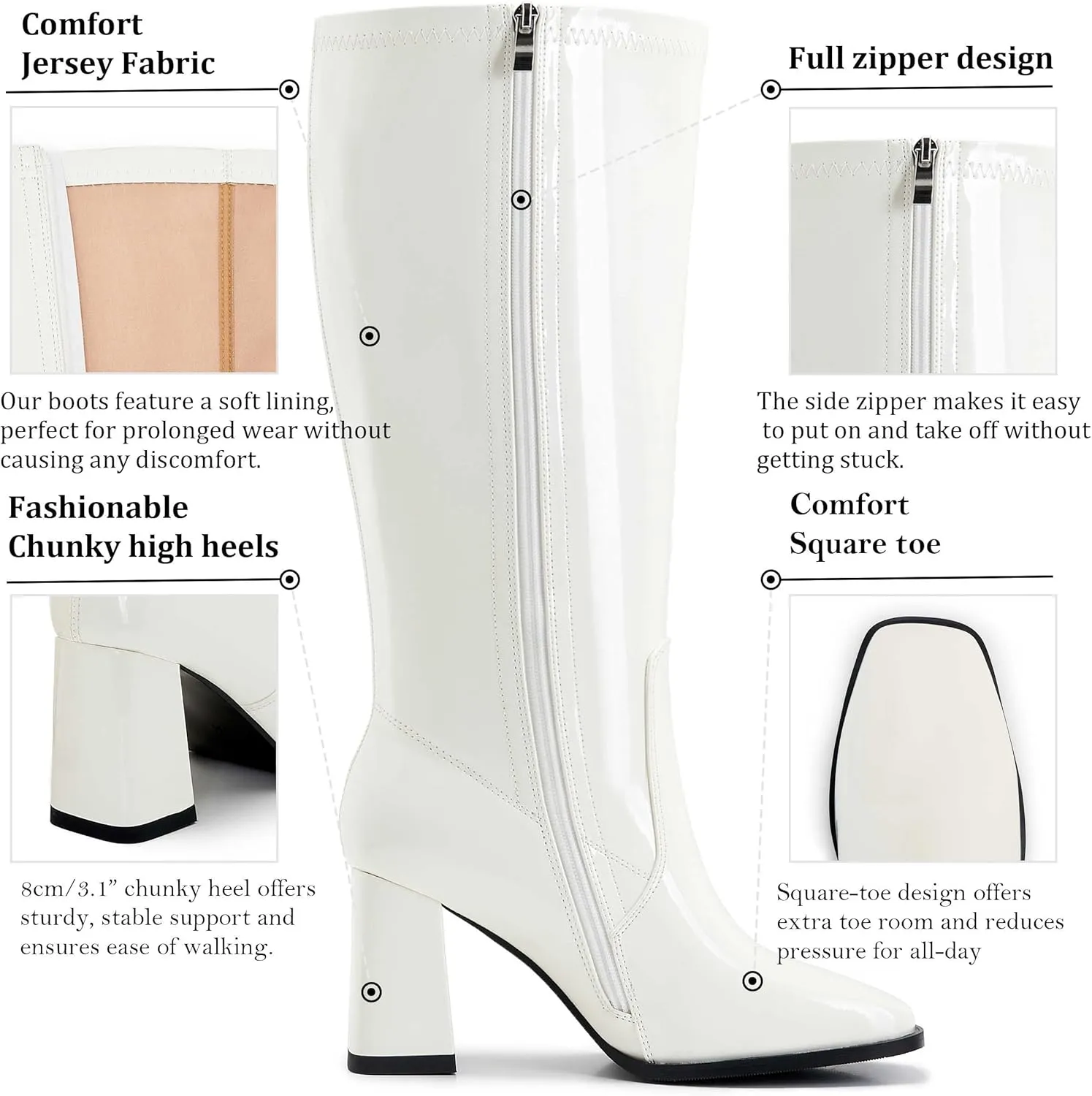Knee-High Boots for Women - Wide Calf Boots with Zipper, Square Toe Tall Leather Boots, Chunky Heel Fashion Long Boots