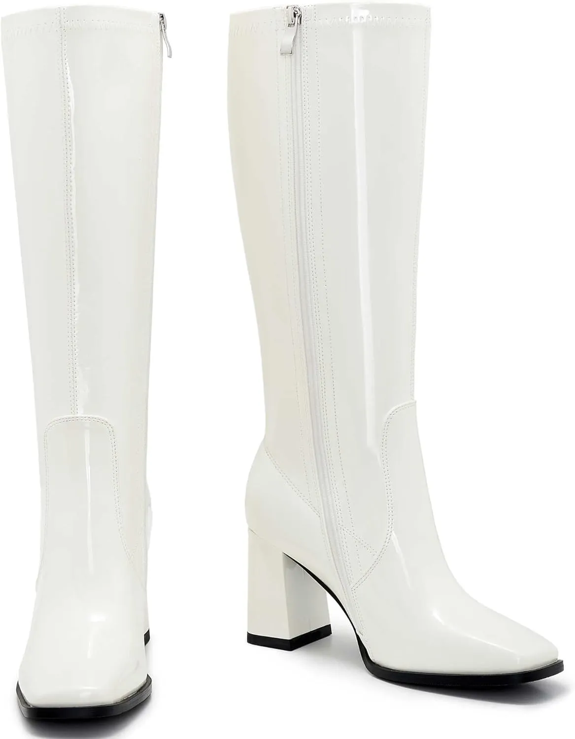 Knee-High Boots for Women - Wide Calf Boots with Zipper, Square Toe Tall Leather Boots, Chunky Heel Fashion Long Boots