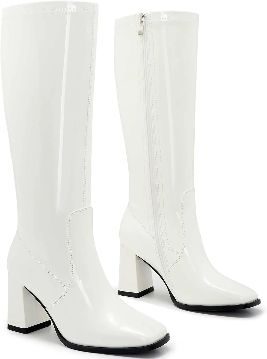 Knee-High Boots for Women - Wide Calf Boots with Zipper, Square Toe Tall Leather Boots, Chunky Heel Fashion Long Boots