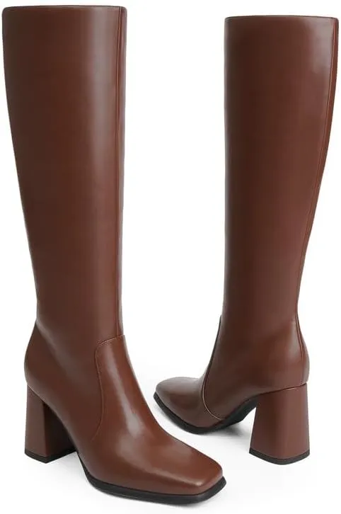 Knee High Boots Women Chunky Heel Square Toe Tall Boots Women Heeled Size Zipper Long Boots