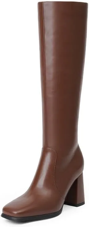 Knee High Boots Women Chunky Heel Square Toe Tall Boots Women Heeled Size Zipper Long Boots