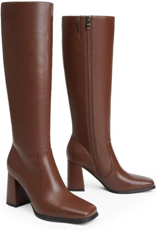 Knee High Boots Women Chunky Heel Square Toe Tall Boots Women Heeled Size Zipper Long Boots