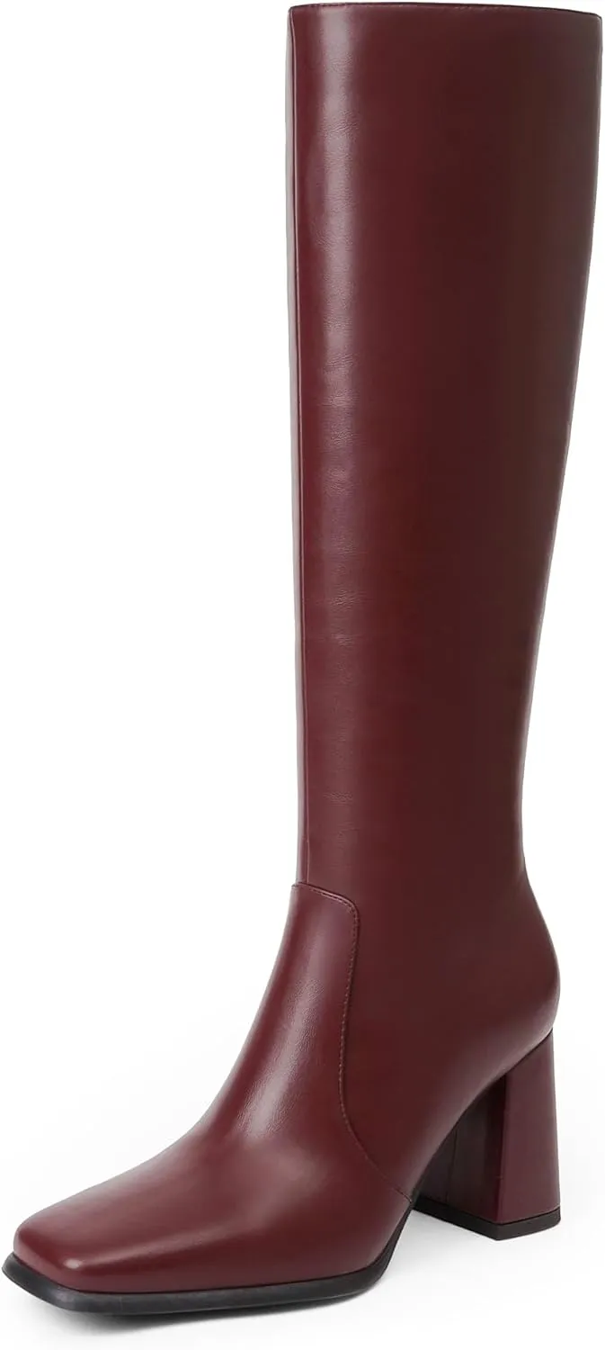 Knee High Boots Women Chunky Heel Square Toe Tall Boots Women Heeled Size Zipper Long Boots
