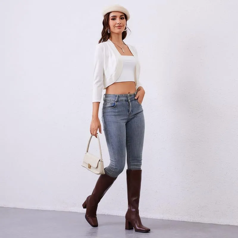 Knee High Boots Women Chunky Heel Square Toe Tall Boots Women Heeled Size Zipper Long Boots