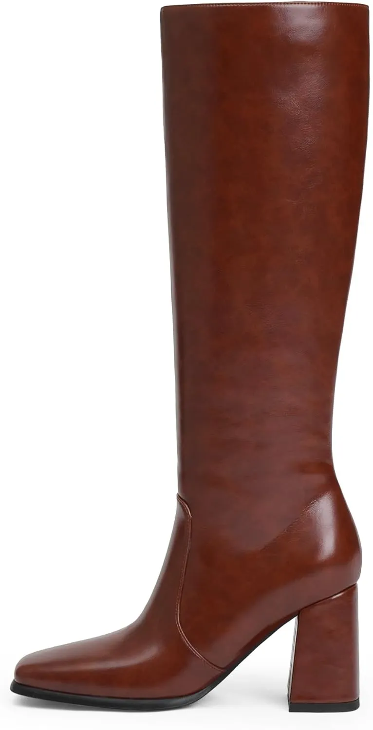 Knee High Boots Women Chunky Heel Square Toe Tall Boots Women Heeled Size Zipper Long Boots