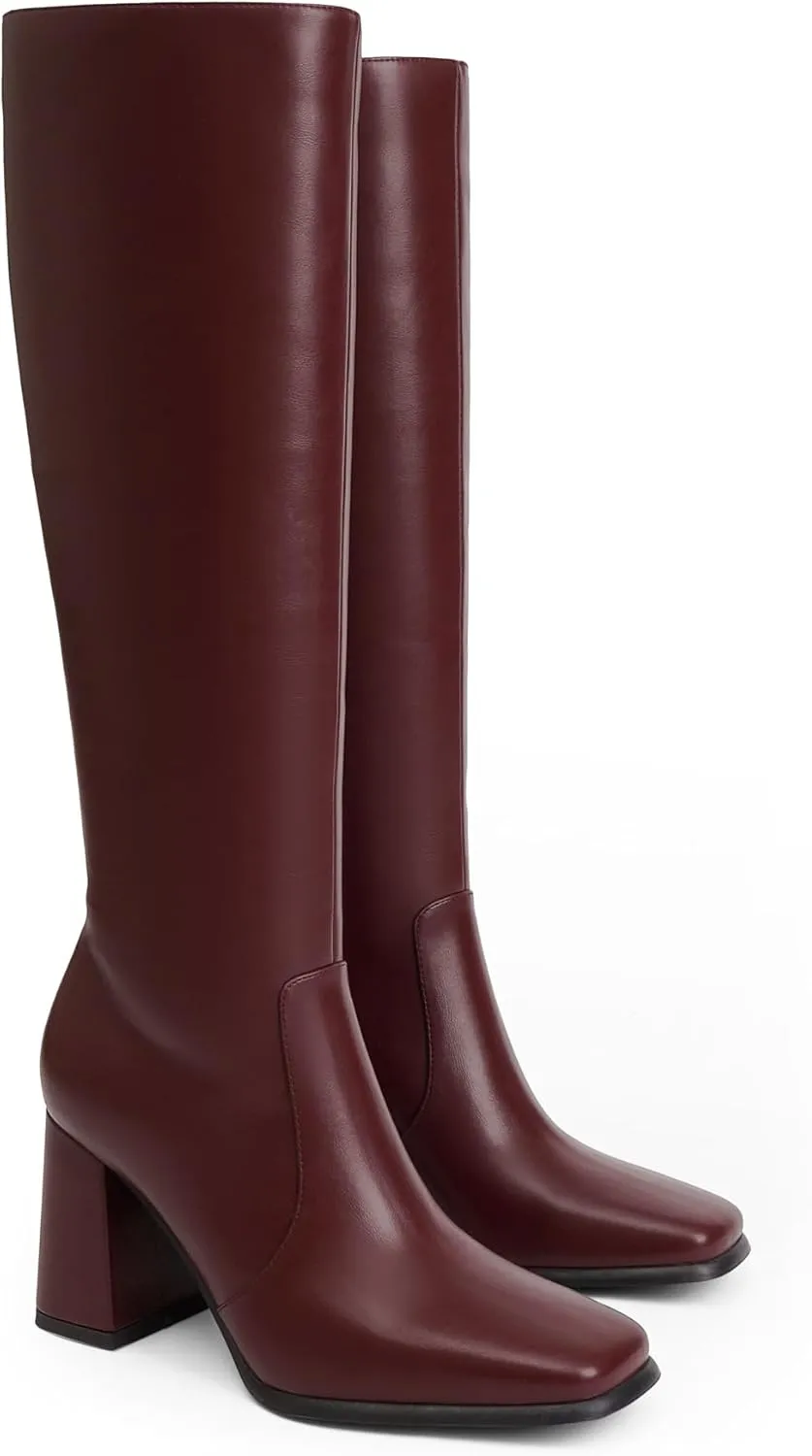 Knee High Boots Women Chunky Heel Square Toe Tall Boots Women Heeled Size Zipper Long Boots