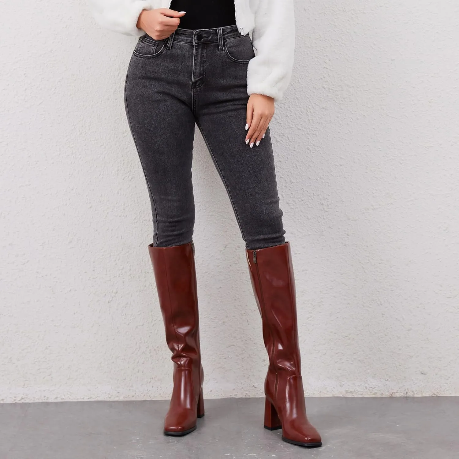 Knee High Boots Women Chunky Heel Square Toe Tall Boots Women Heeled Size Zipper Long Boots