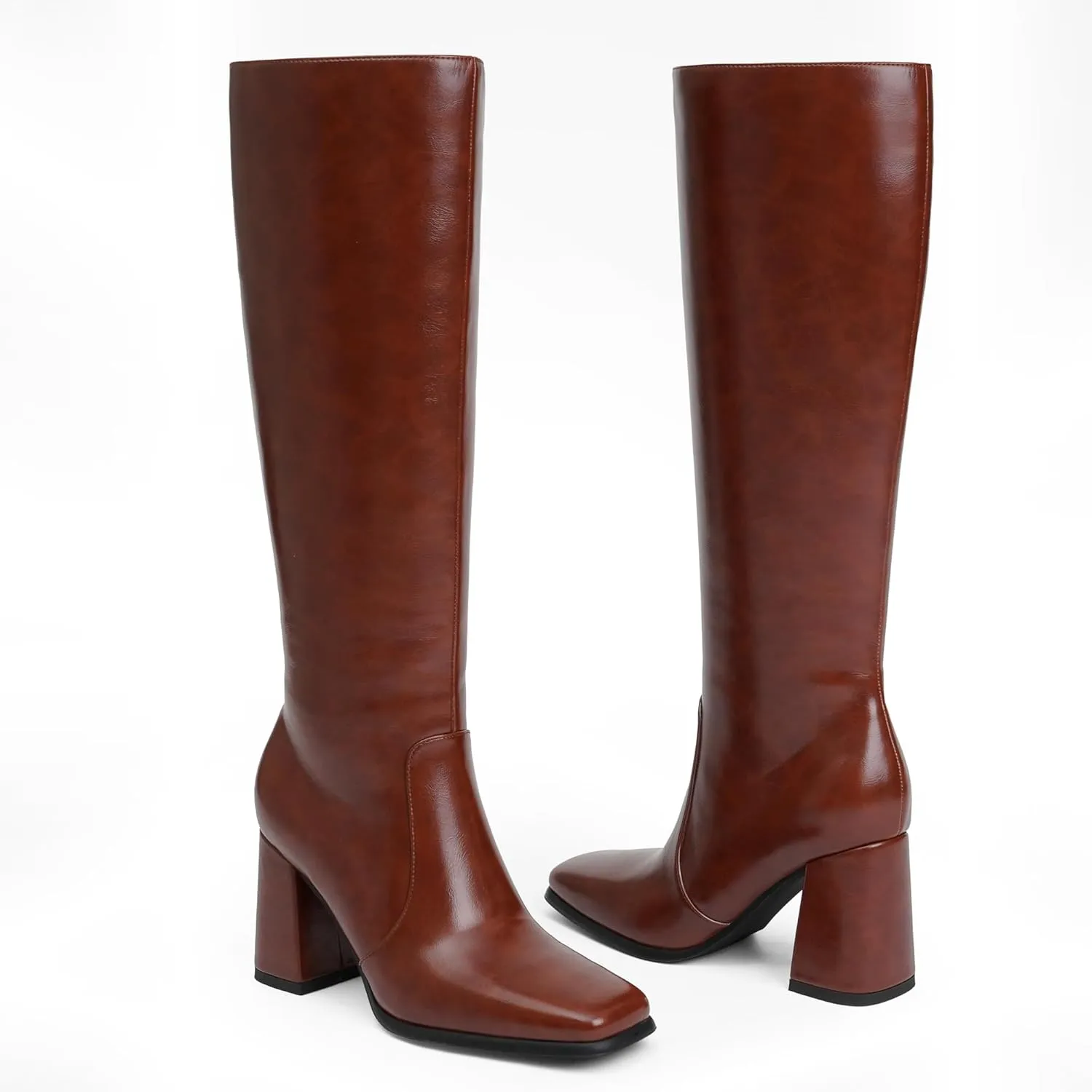 Knee High Boots Women Chunky Heel Square Toe Tall Boots Women Heeled Size Zipper Long Boots