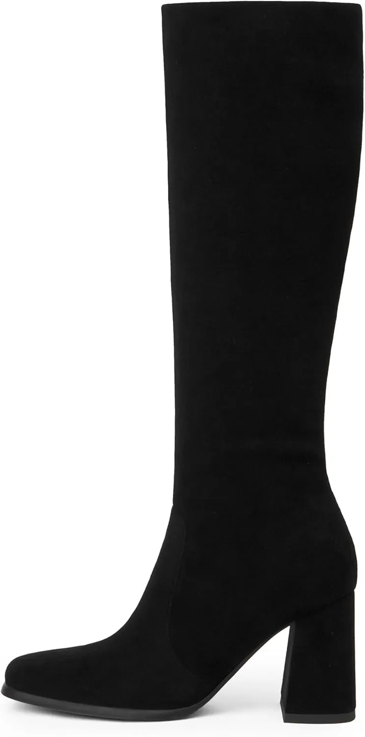 Knee High Boots Women Chunky Heel Square Toe Tall Boots Women Heeled Size Zipper Long Boots