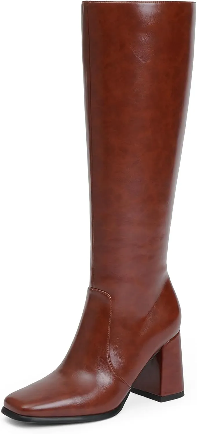 Knee High Boots Women Chunky Heel Square Toe Tall Boots Women Heeled Size Zipper Long Boots