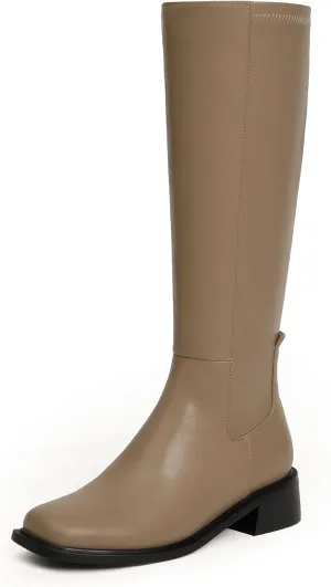 Knee High Boots Women Faux Leather Elastic Boots Low Heel Square Toe Side Zipper Fall Long Tall Boots for Women