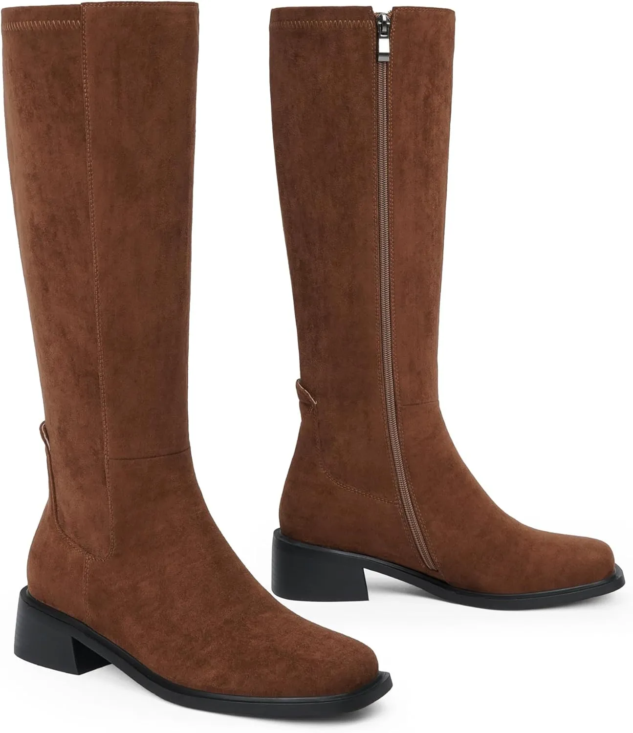 Knee High Boots Women Faux Leather Elastic Boots Low Heel Square Toe Side Zipper Fall Long Tall Boots for Women