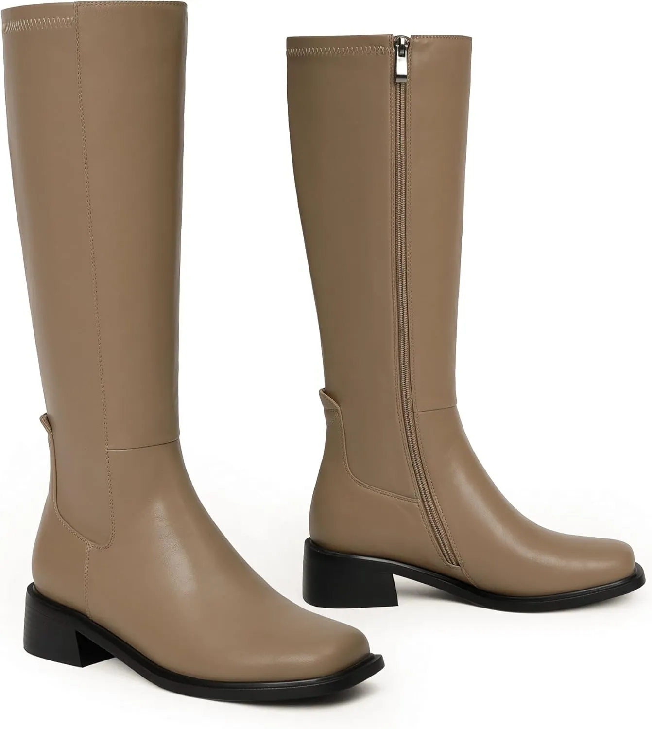 Knee High Boots Women Faux Leather Elastic Boots Low Heel Square Toe Side Zipper Fall Long Tall Boots for Women
