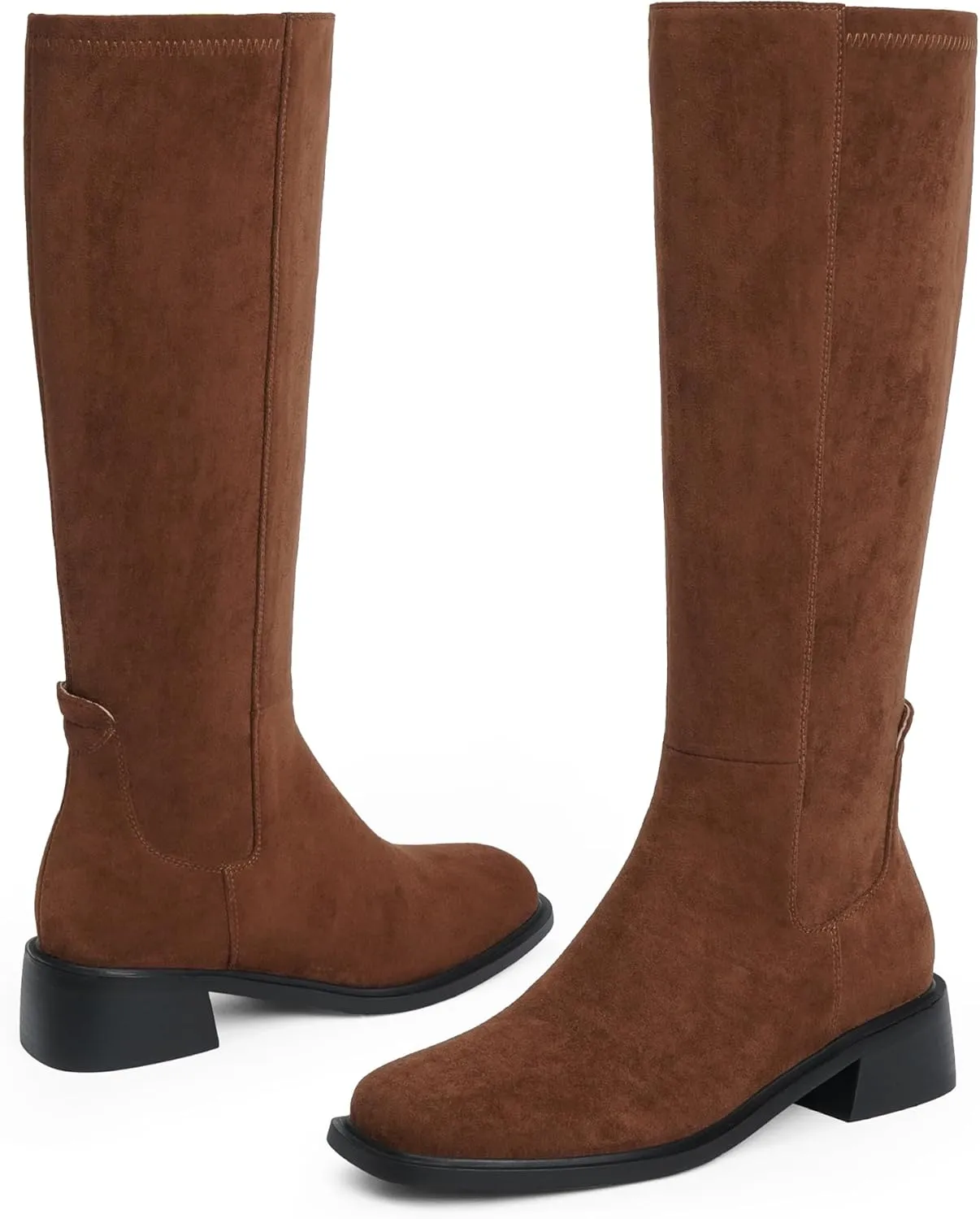 Knee High Boots Women Faux Leather Elastic Boots Low Heel Square Toe Side Zipper Fall Long Tall Boots for Women