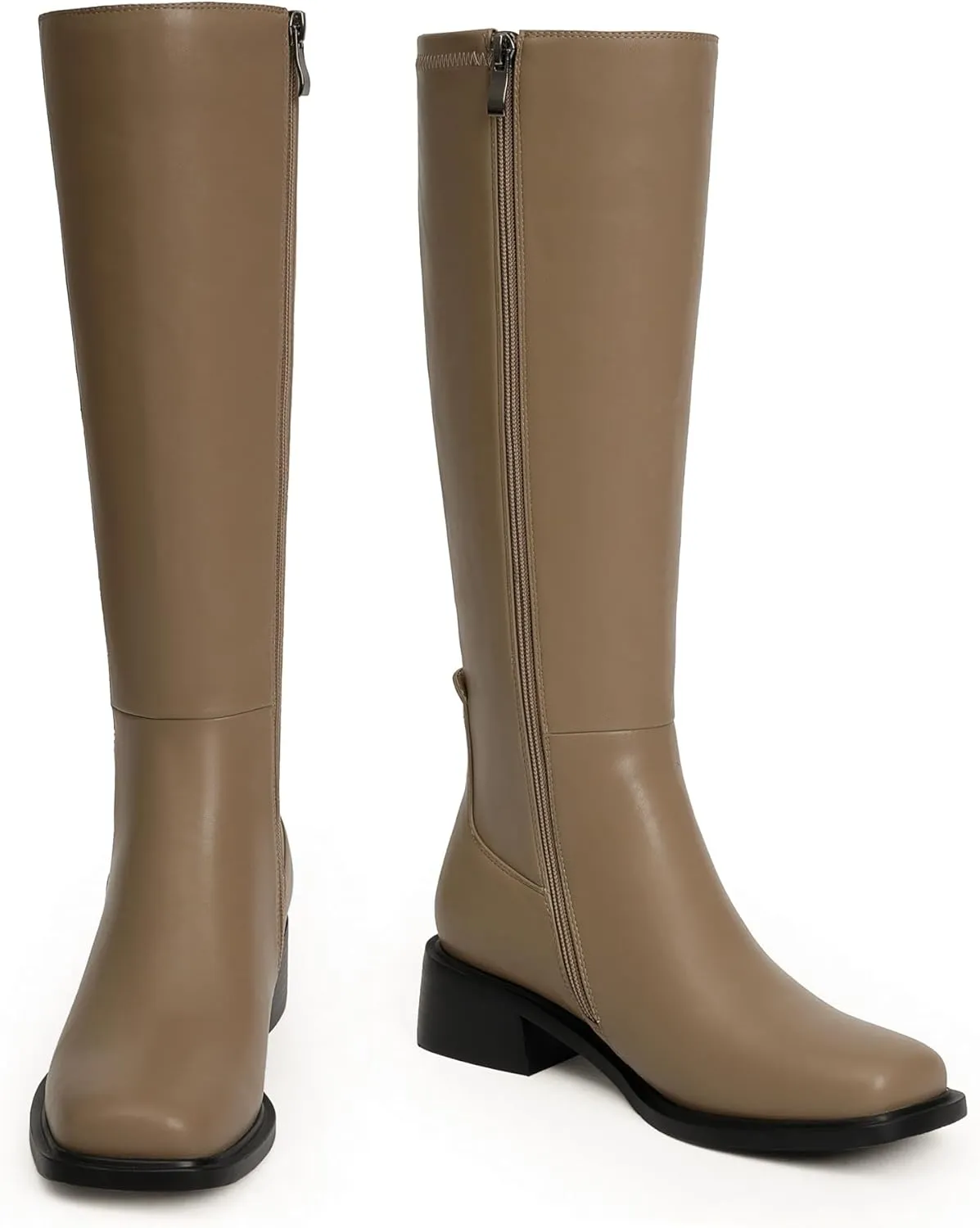 Knee High Boots Women Faux Leather Elastic Boots Low Heel Square Toe Side Zipper Fall Long Tall Boots for Women
