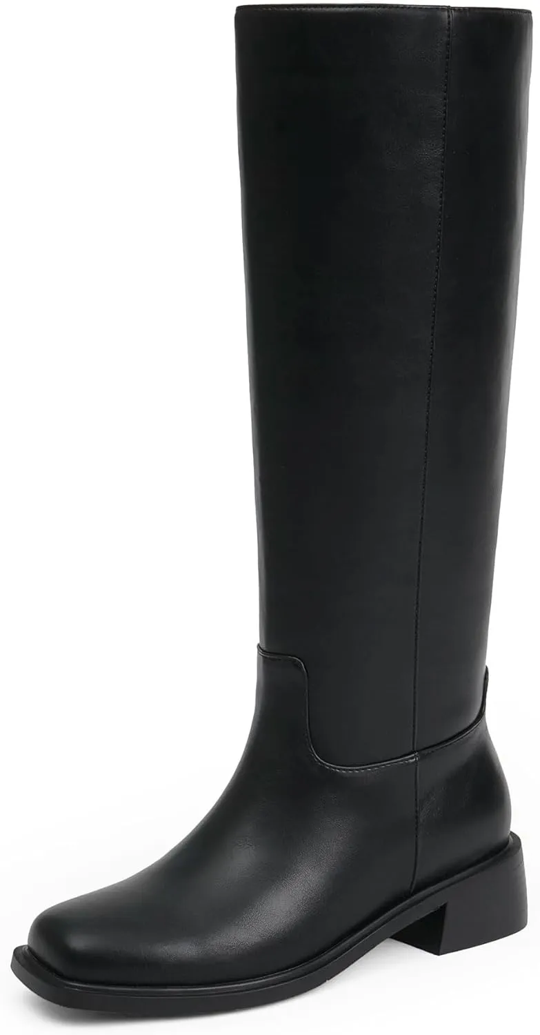 Knee High Boots Women Faux Leather Slip on Boots Low Heel Square Toe Fall Long Tall Boots for Women