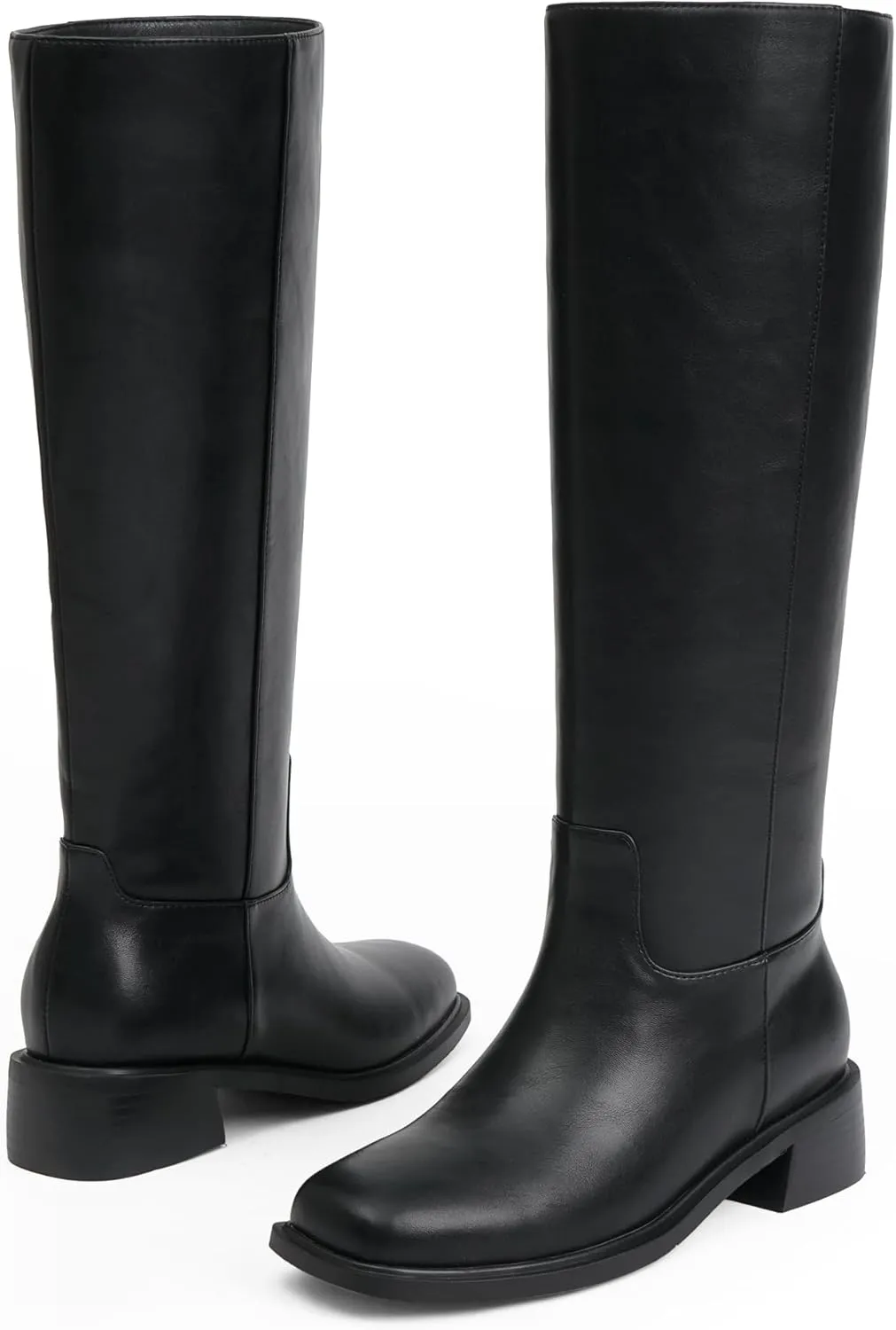 Knee High Boots Women Faux Leather Slip on Boots Low Heel Square Toe Fall Long Tall Boots for Women